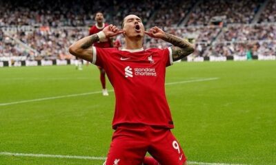 Darwin Nunez ketika melakukan selebrasi setelah mencetak gol kala Liverpool bertemu Newcastle United pada Minggu, 27 Agustus 2023